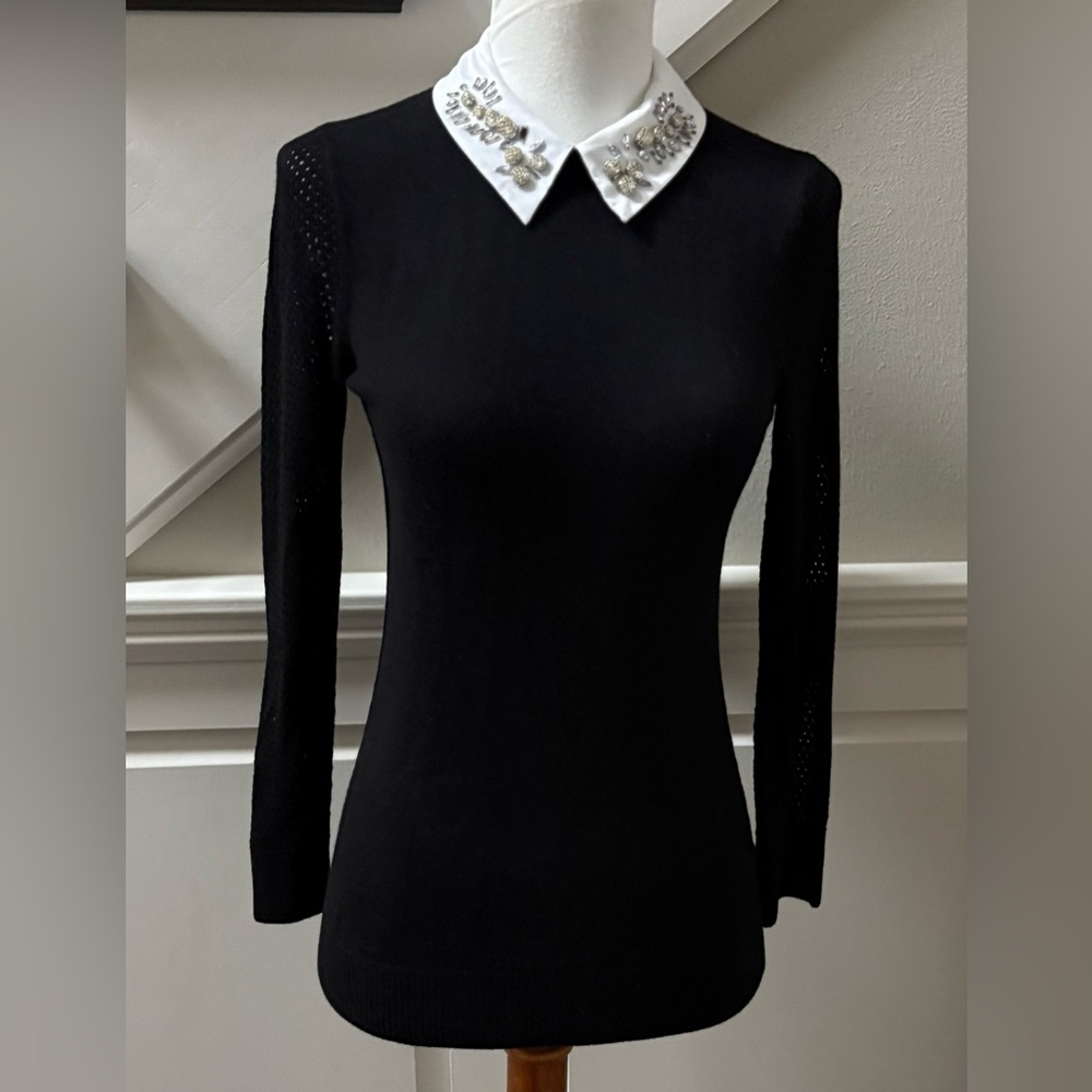 Maison Jules Embellished Collar 3/4 sleeve black knit top. Size XS New With Tags